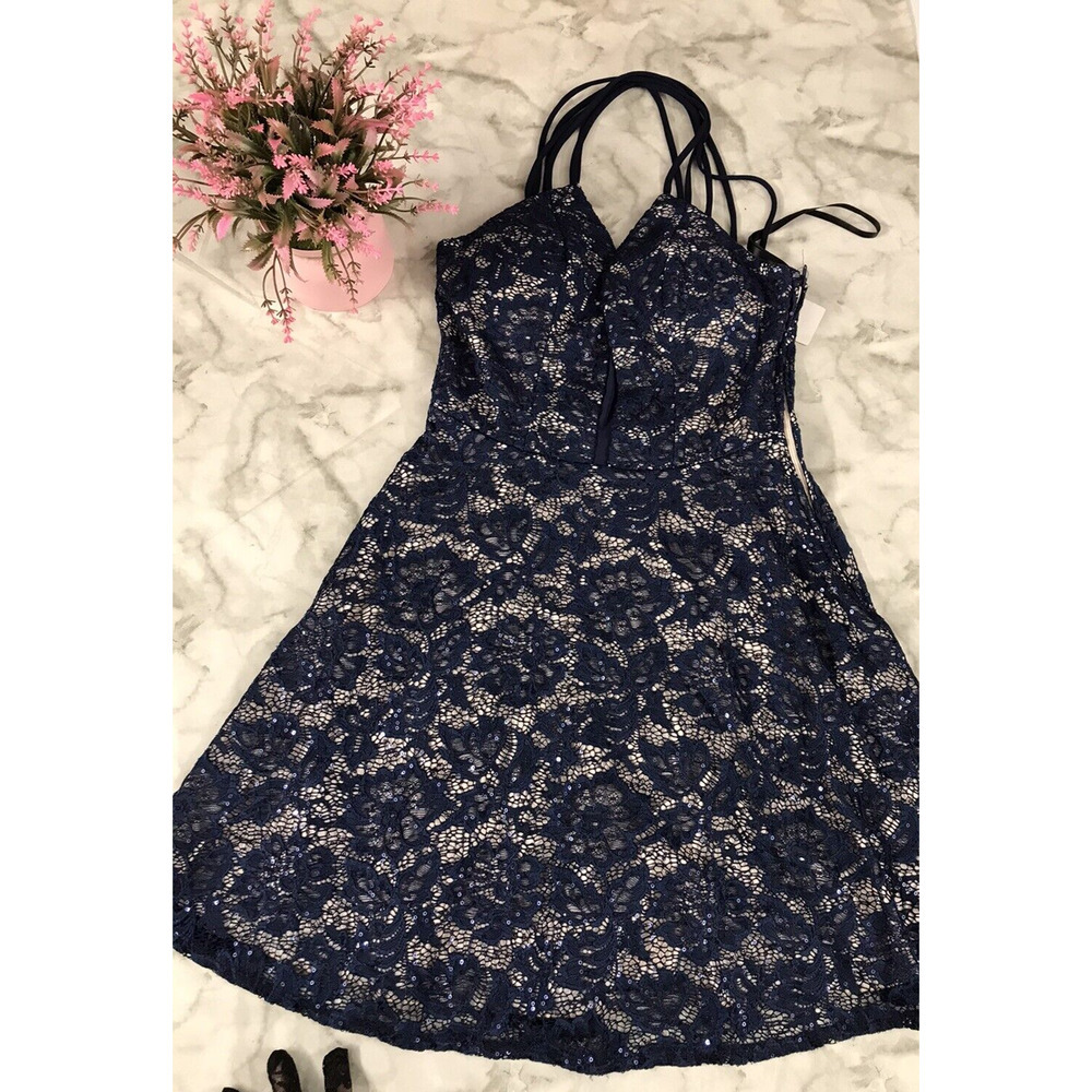 B. Darlin Navy Cocktail Party Dress Sequin Lace Halter Juniors 7/8 Strappy Back